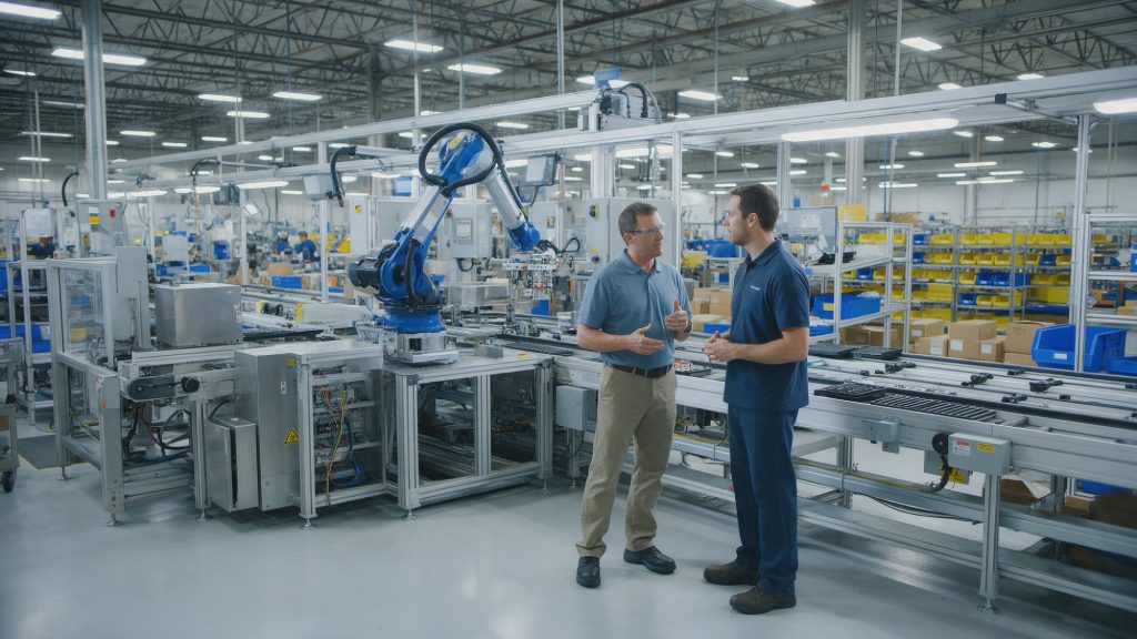 Automatisierungsingenieur und Produktionsmeister im Gespräch neben einer robotergestützten Montagelinie in einem Produktionswerk