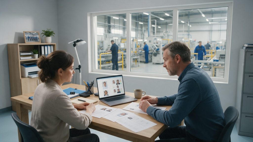 HR-Leiterin und Werksleiter prüfen im Werksbüro neben der Produktionshalle eine Shortlist mit Kandidatenprofilen