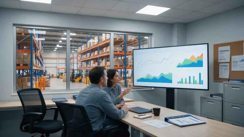 Supply-Chain-Leiter und Disponent des Lieferanten prüfen im Werksbüro neben dem Lager Diagramme zu den Beständen