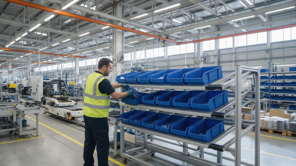 Logistikmitarbeiter eines Lieferanten füllt Behälter mit Bauteilen in einem Regal direkt an der Montagelinie auf